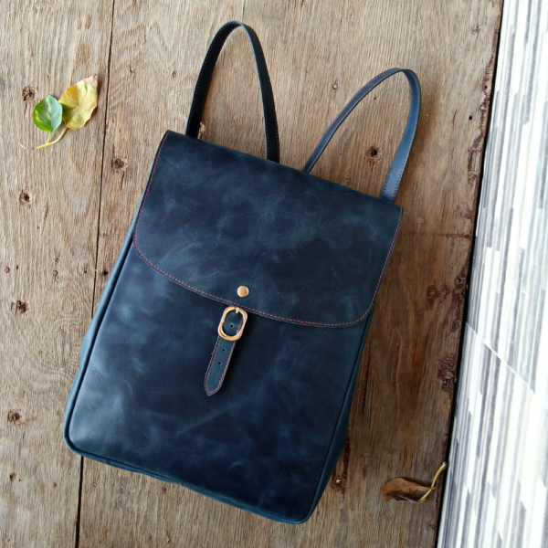 Leather Travel Backpack for Girls |Navy Blue Full-Grain Cowhide Backpack
