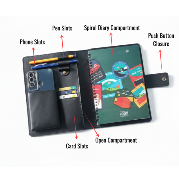 Executive Black Leather Organizer for A5 Notebook / Diary and Mobile Phone with Card Slots