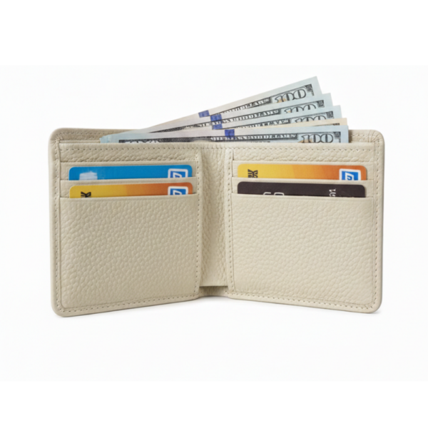 Genuine Leather Bifold Wallet for Men Beige Textured Cow Leather