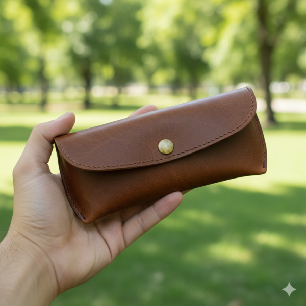 Brown Leather Eyewear Case | Slim Optical Cover with Button Closure