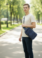 Navy Leather Sling Bag for Men & Women | Full-Grain Cowhide with YKK Zipper