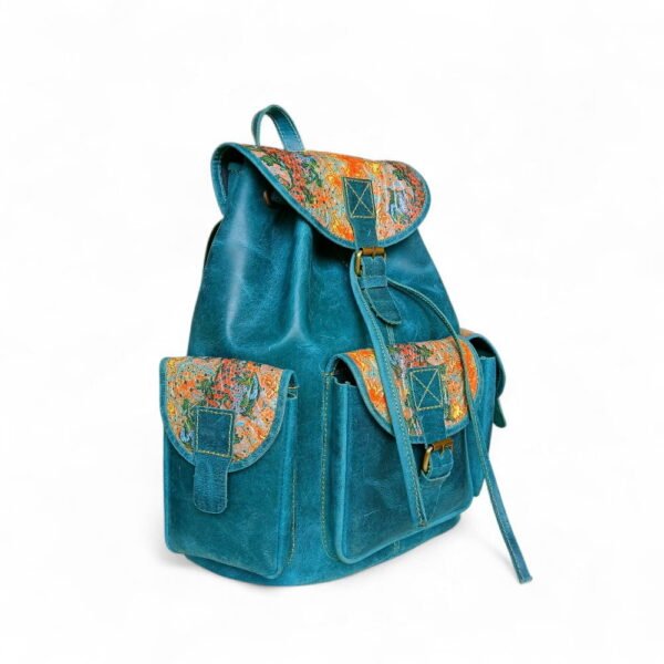 Women's Leather Backpack Teal & Printed Floral Genuine Leather, Vintage Style, Multi-Pocket | Ladies Bag Pakistan