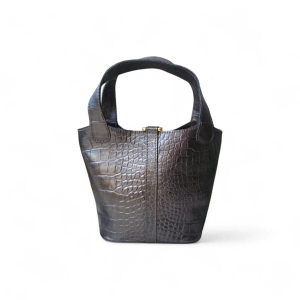 Leather Bucket Bag for Women |Crocodile Embossed Structured Mini Top Handle Handbag with Stopper Lock