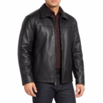 Black Leather Straight Zipper Jacket for Men
