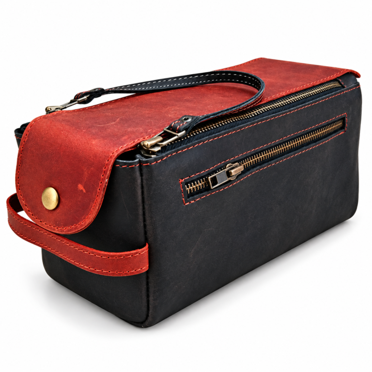 Black & Maroon Leather Toiletry Bag - Dopp Kit
