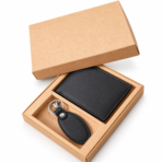Black Plain Leather Wallet and Keyring Gift Set for Him