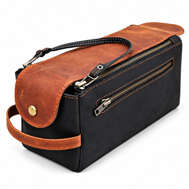 Black & Rust Leather Toiletry Bag - Dopp Kit