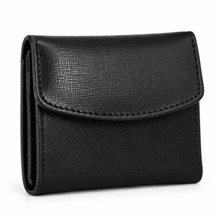 Black Trifold Leather Wallet with Magnetic Snap Closure