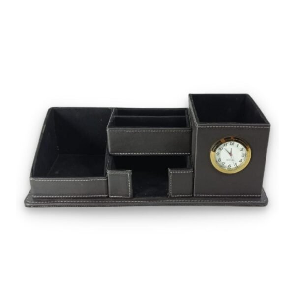 Multi-Purpose Leather Desk Organizer |Black Leather & Wood Office Storage