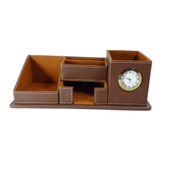 Multi-Purpose Leather Desk Organizer – Brown Leather & Wood Office Storage