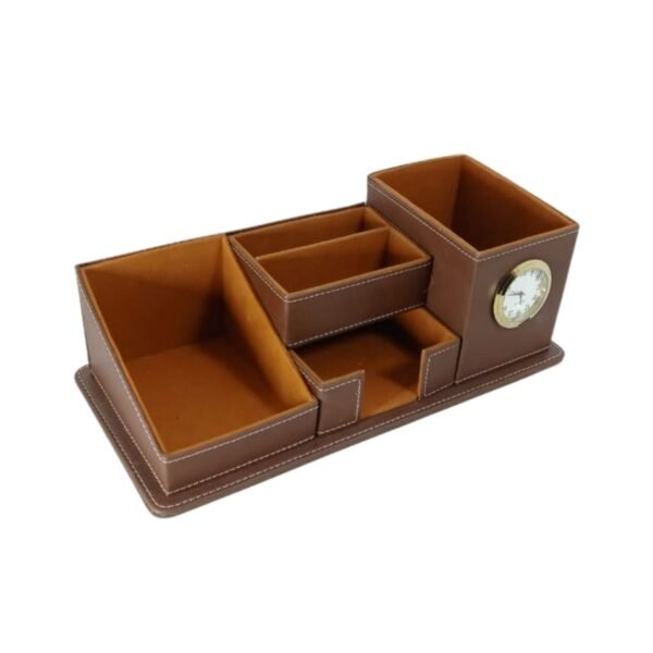 Multi-Purpose Leather Desk Organizer – Brown Leather & Wood Office Storage