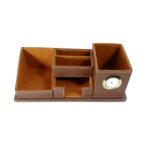 Multi-Purpose Leather Desk Organizer – Brown Leather & Wood Office Storage
