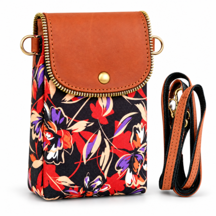 Floral Printed Canvas and Leather Crossbody Mobile Pouch