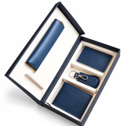 Four Piece Gift Set - Navy Leather Wallet and Keyring