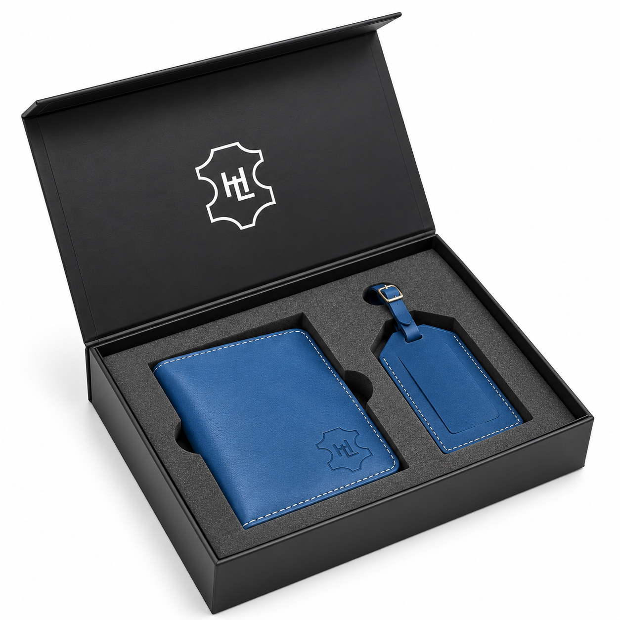 Handmade Leather Passport Cover & Luggage Tag Gift Set- Navy Blue Handmade Leather Passport Cover & Luggage Tag Gift Set- Navy Blue