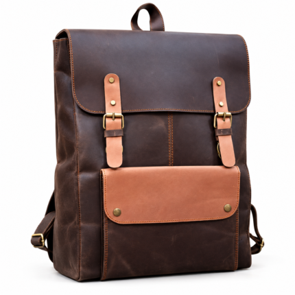 Leather Laptop Backpack  Dark Brown & Mustard Travel Backpack